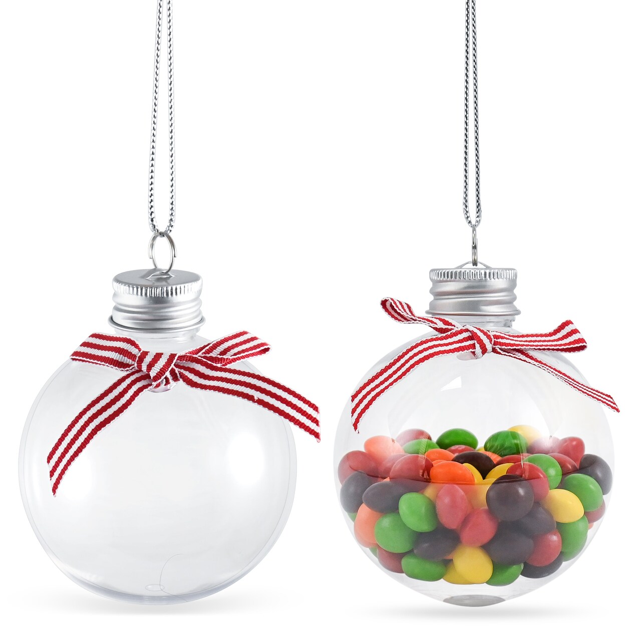 RN'D Toys Clear Fillable Ornaments - Shatterproof Transparent Plastic Craft Ornament Balls Decorations with Red and White Ribbon for DIY Christmas Ball Sphere Ornament Set - Pack of 24
